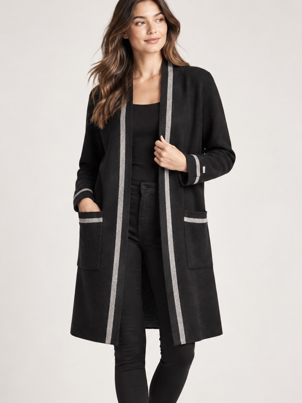 Soia & Kyo Denise Black Knee Length Coatigan Contrast Trim Size S